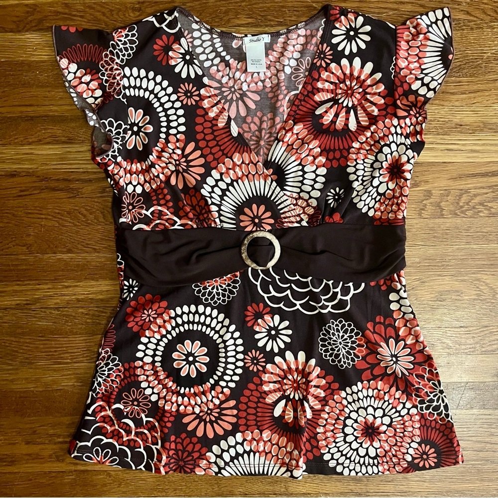 Y2k vtg babydoll top L M brown floral mod stretch cap sleeves